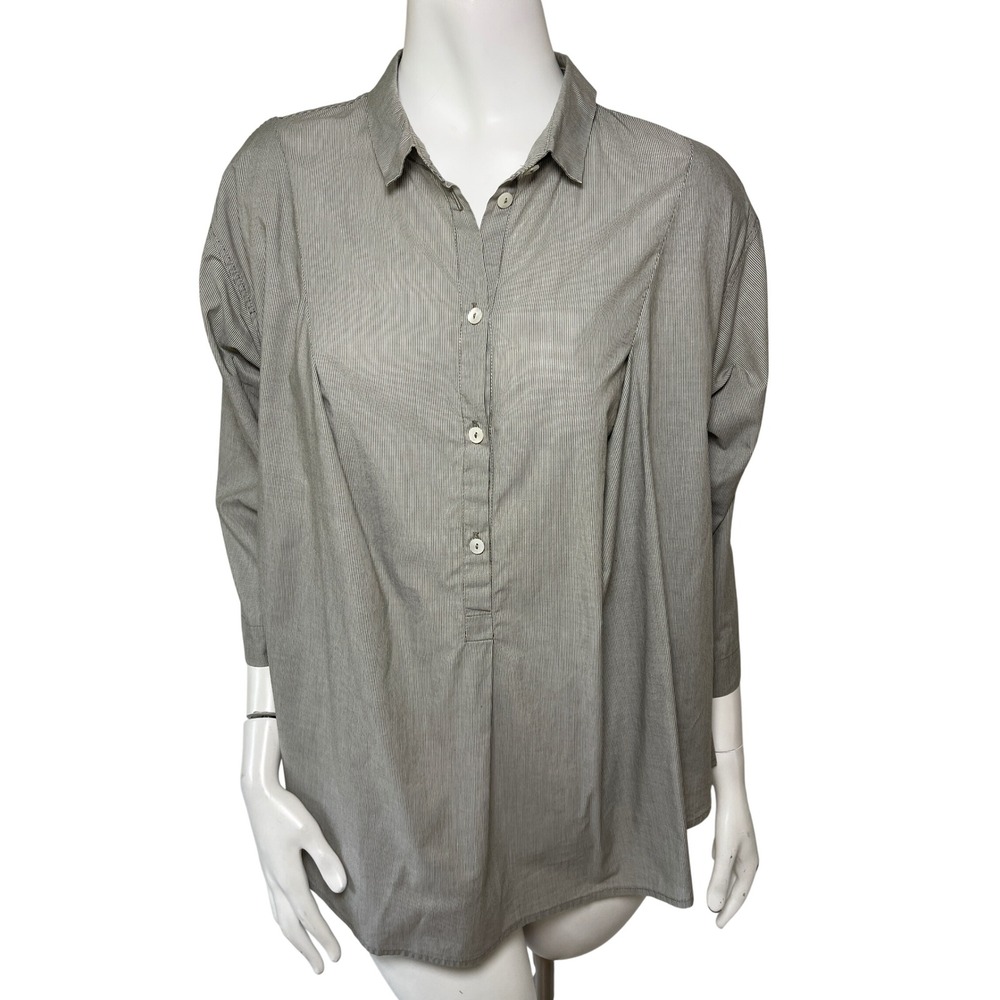 OSKA Grey Striped Cotton Tunic Top 2 / US M Pleated Back 3/4 Sleeve Lagenlook